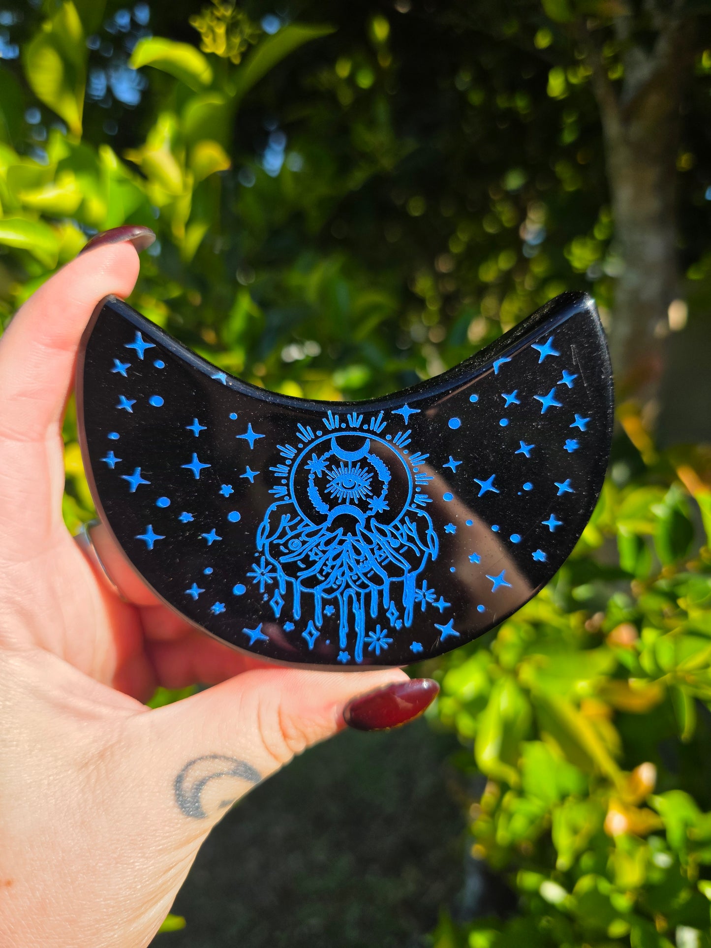 Black Obsidian Etched Moon Carving