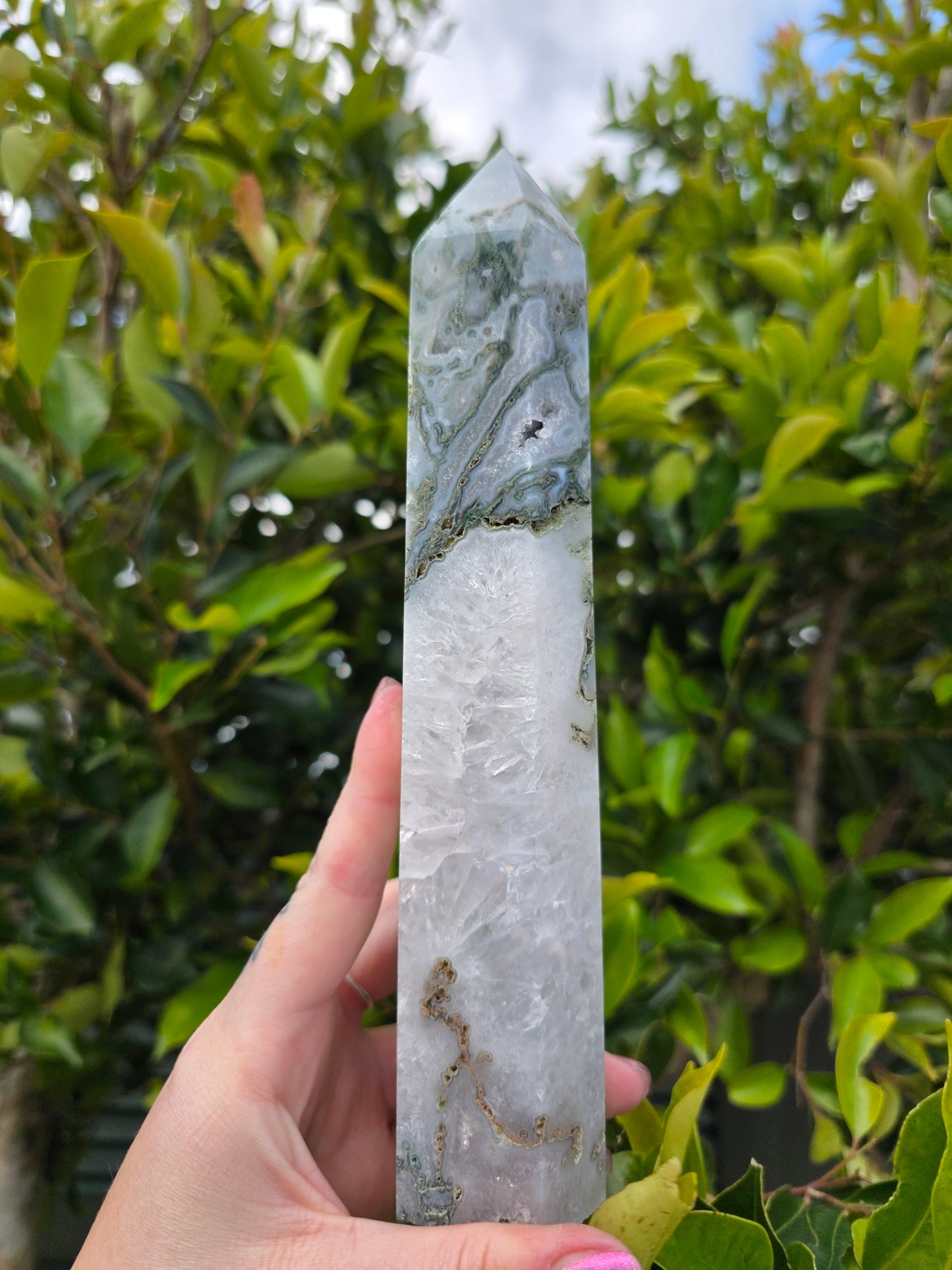 Moss Agate & Quartz Tower