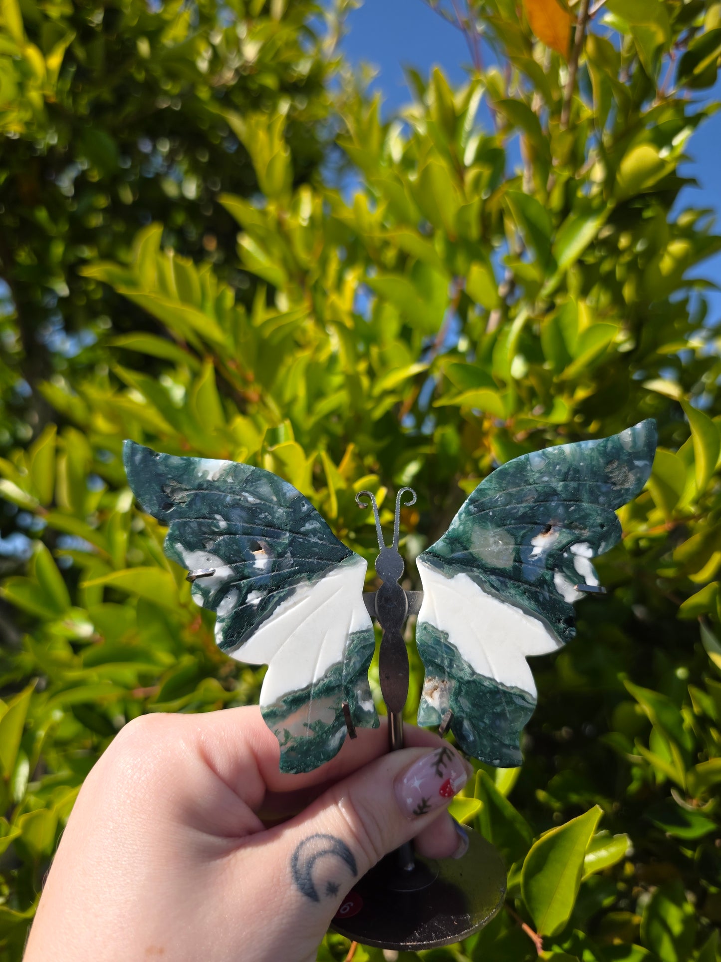 Moss Agate Butterfly Carving with stand
