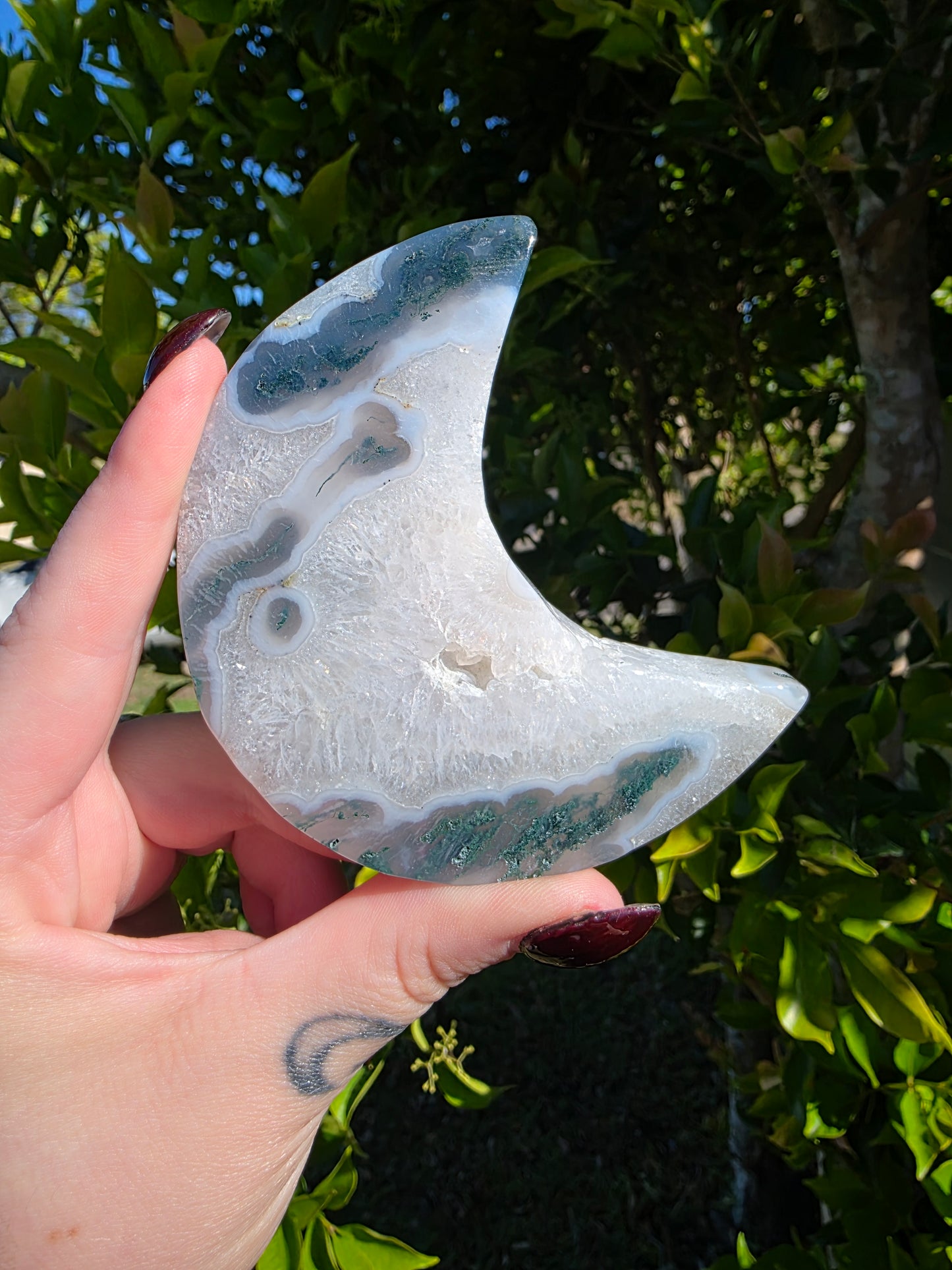 Moss Agate Moon Carving