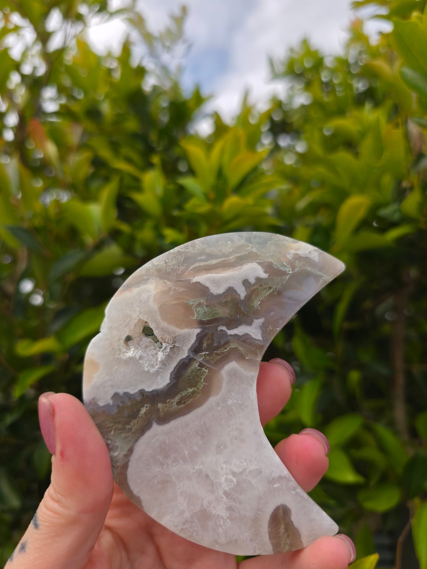 Moss Agate Moon Carving