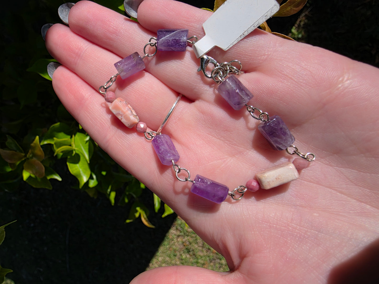 Handcrafted Amethyst, Pink Opal & Rhodonite Bracelet