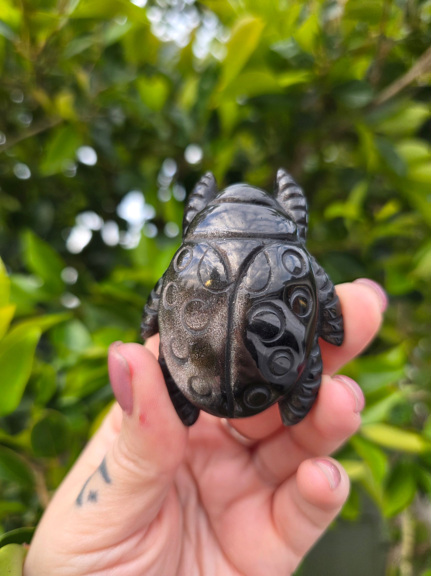Silver Shein Obsidian Lady Bug Carving