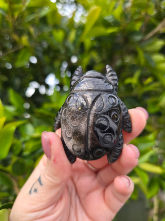 Silver Shein Obsidian Lady Bug Carving