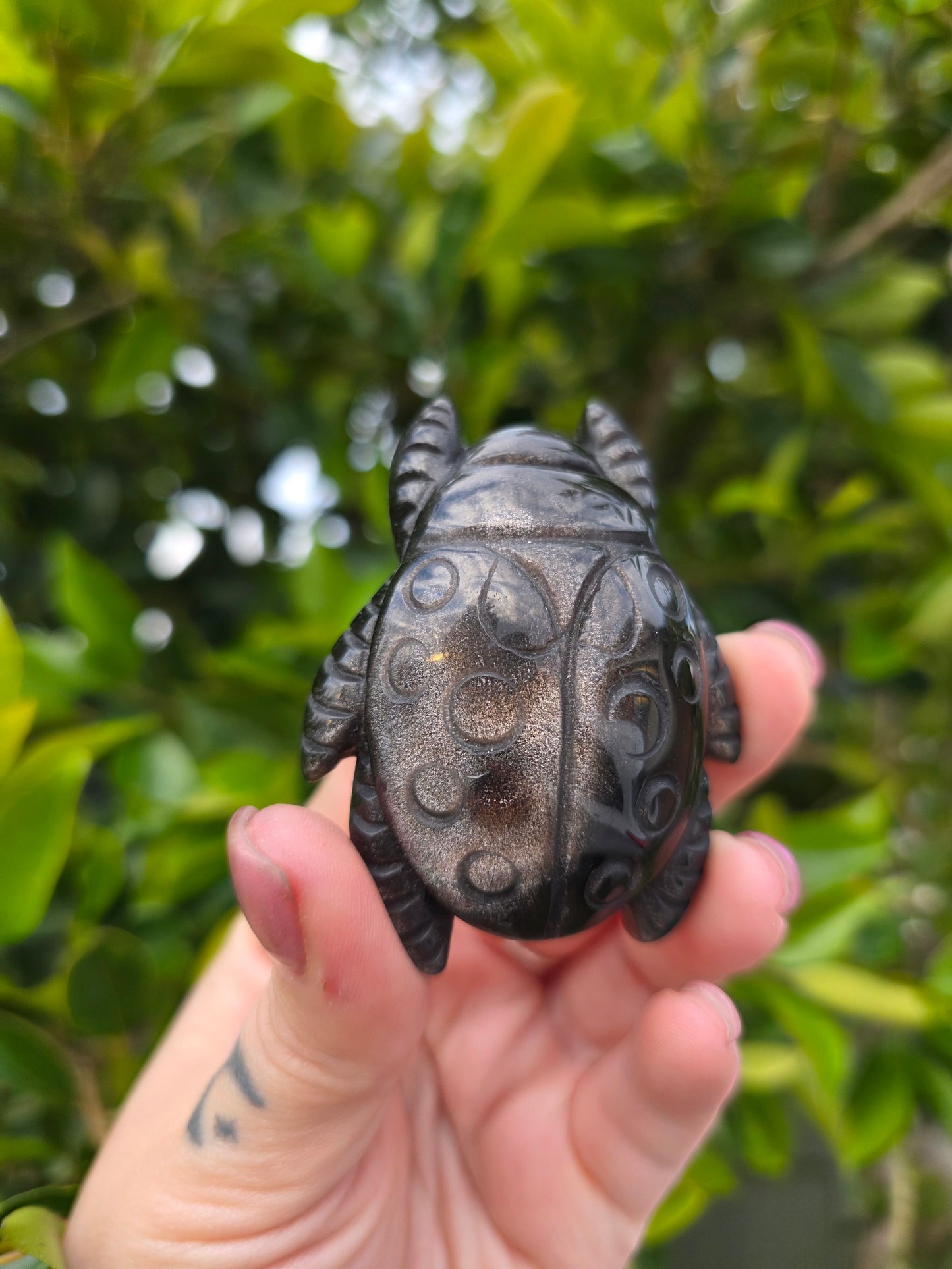 Silver Shein Obsidian Lady Bug Carving