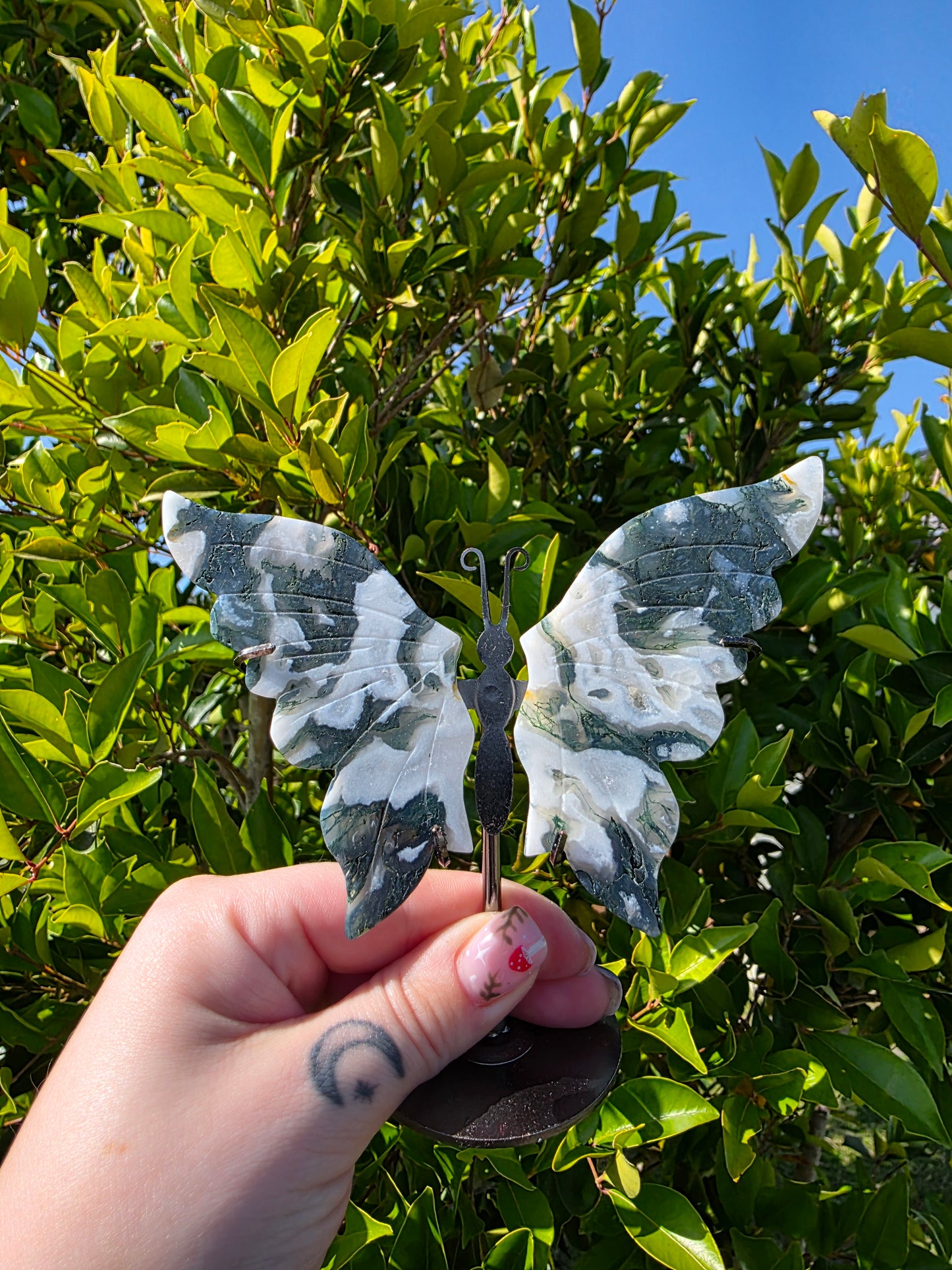 Moss Agate Butterfly Carving with stand