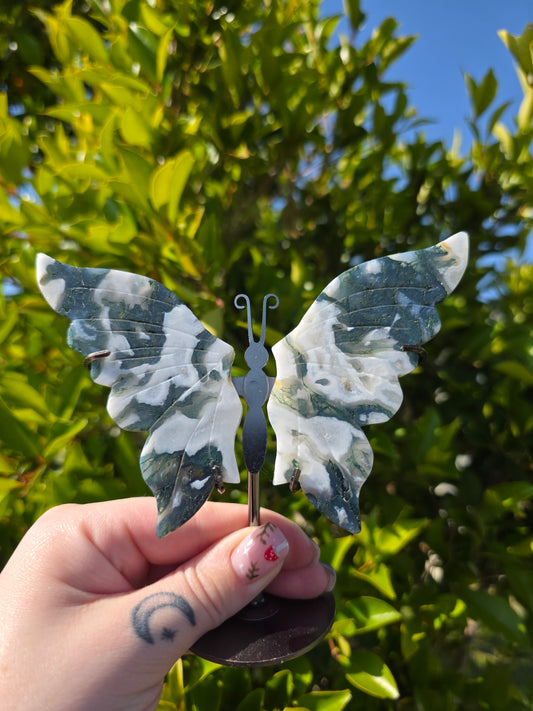 Moss Agate Butterfly Carving with stand