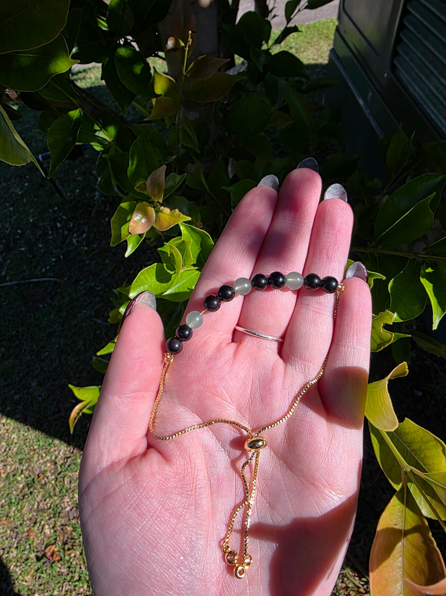Handcrafted Black Obsidian & Green Aventurine Adjustable Gold Bracelet