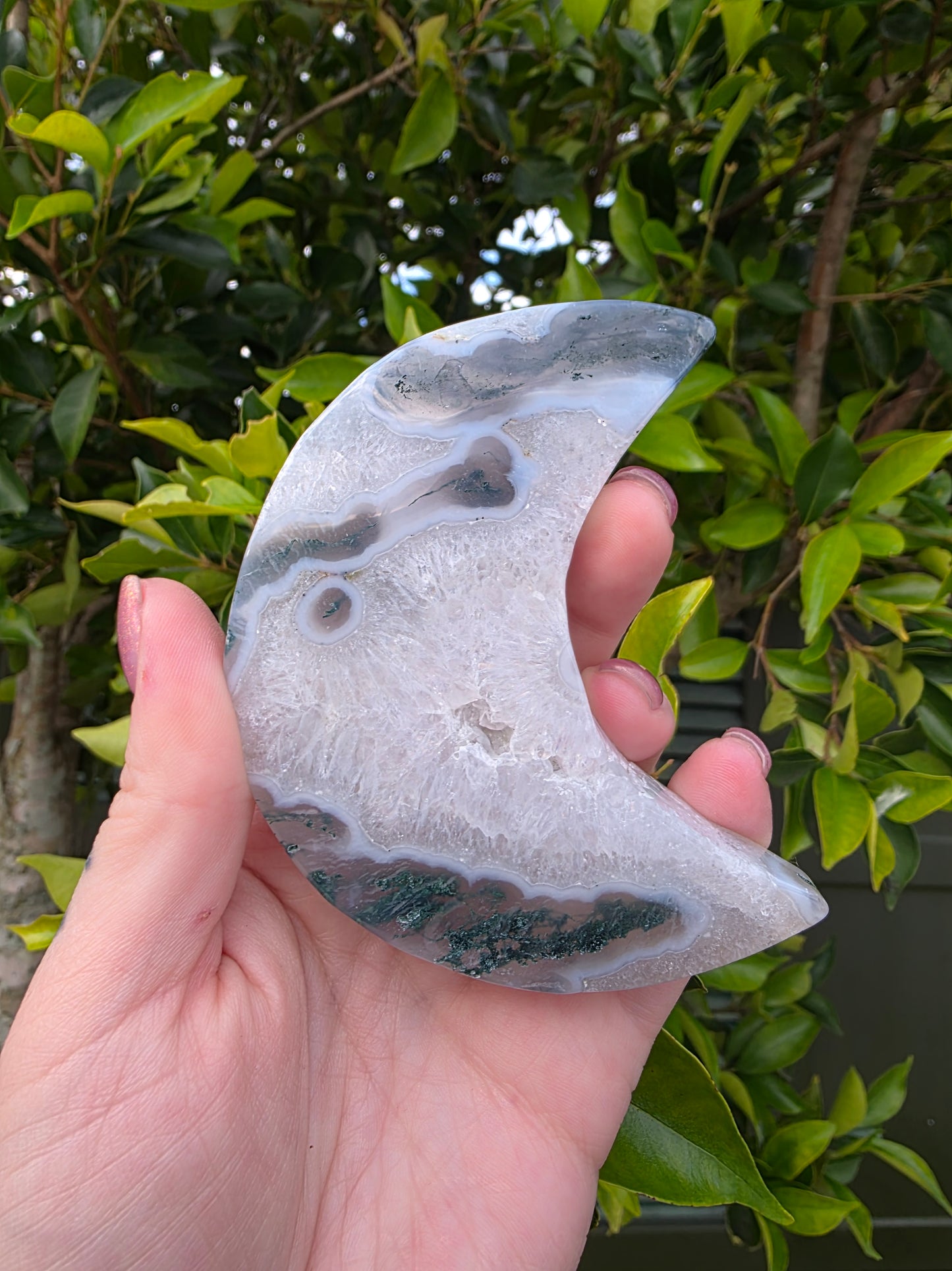 Moss Agate Moon Carving