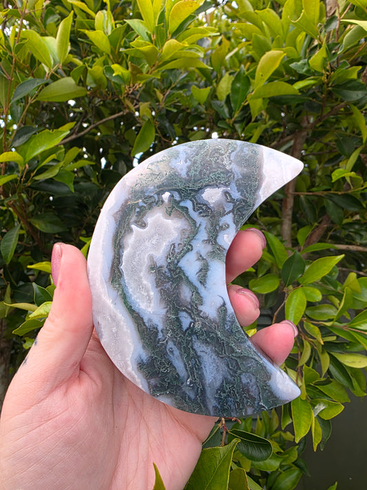 Moss Agate Moon Carving