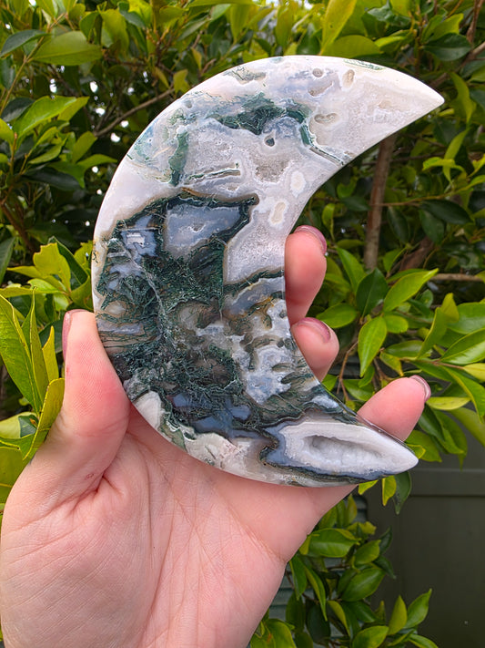 Moss Agate Moon Carving