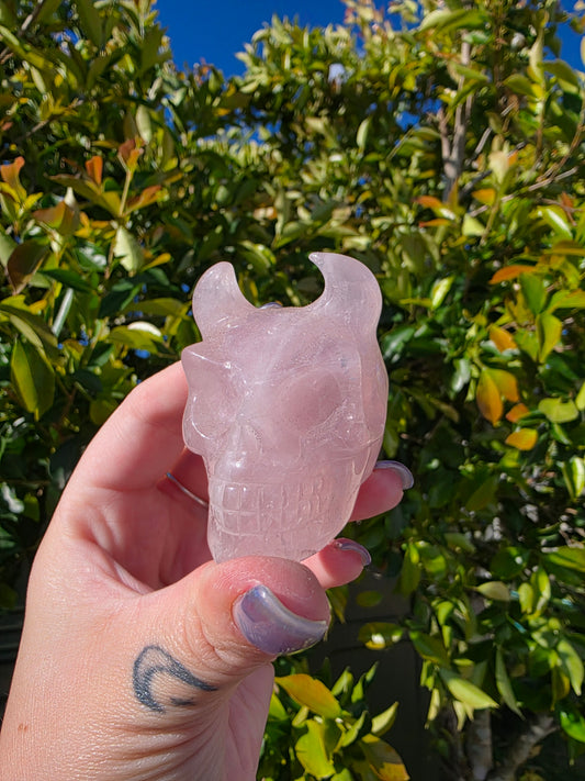 Rose Quartz Horned Skull Carving