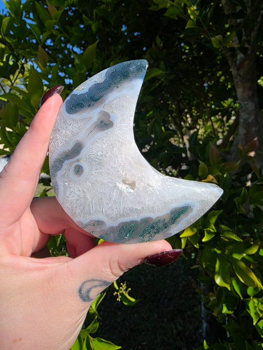 Moss Agate Moon Carving