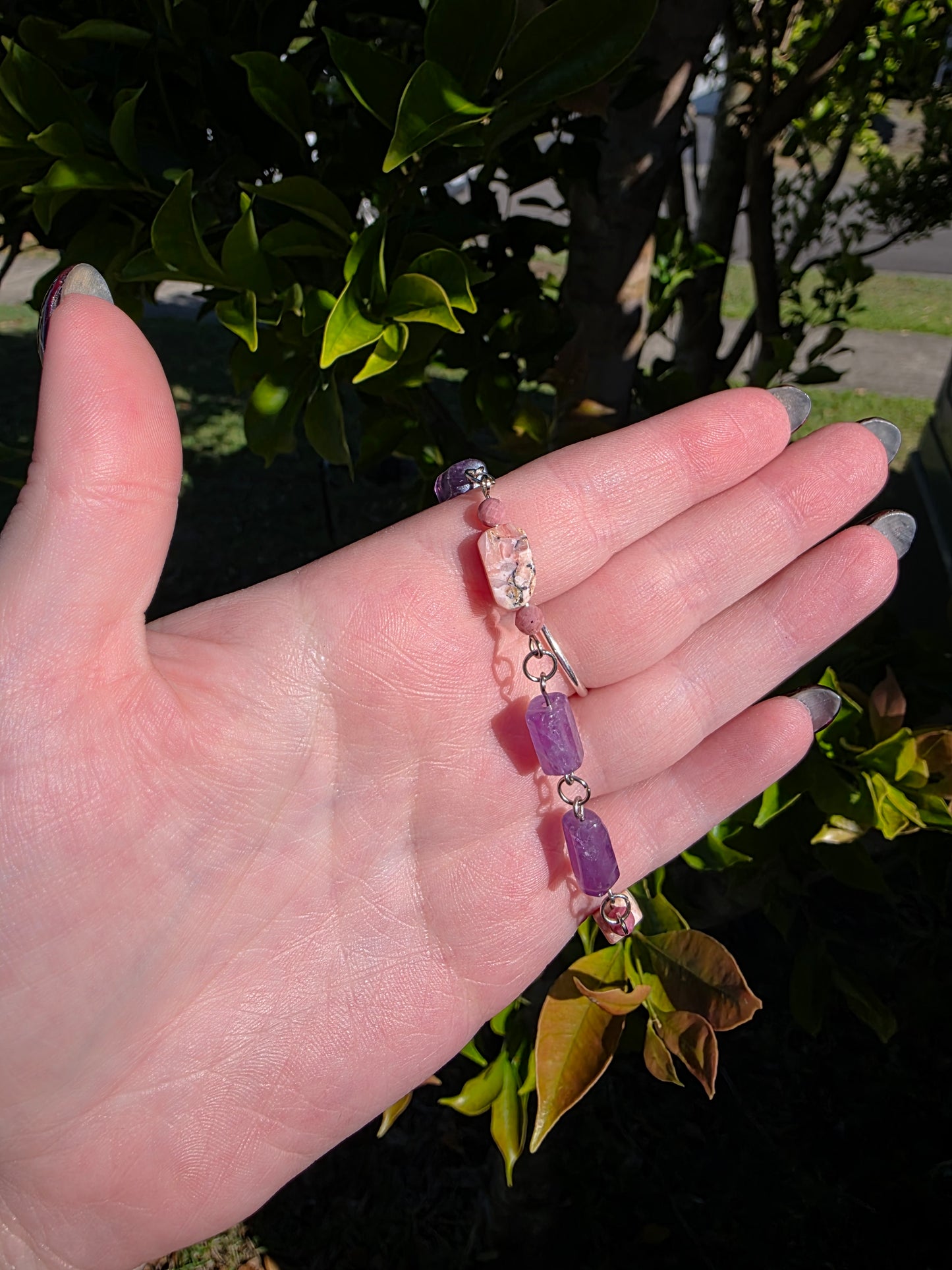 Handcrafted Amethyst, Pink Opal & Rhodonite Bracelet