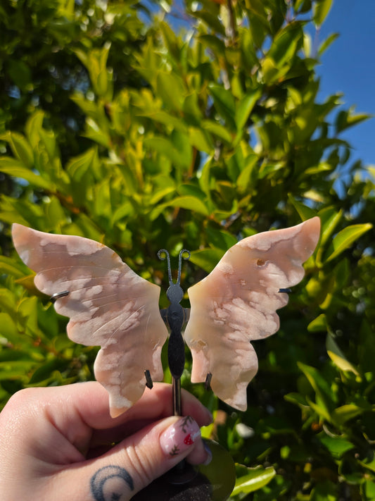 Flower Agate Butterfly Carving with Stand