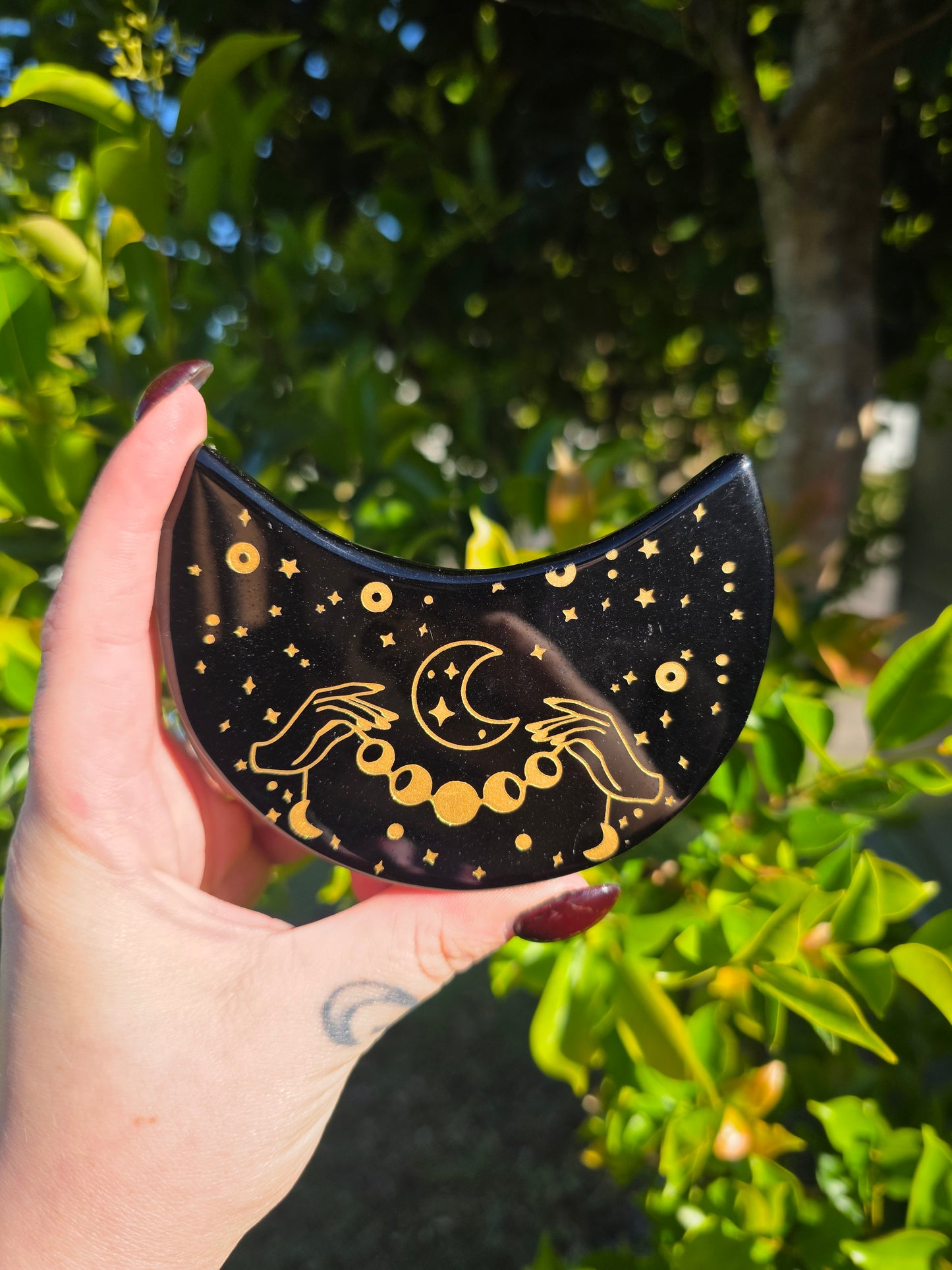 Black Obsidian Etched Moon Carving