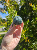 Moss Agate Moon Carving + Sphere Stand