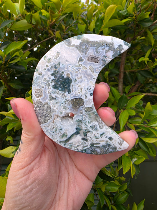 Moss Agate Moon Carving