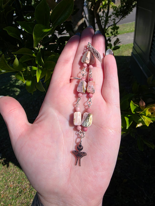 Handcrafted Pink Opal and Rhodonite Moth Bracelet