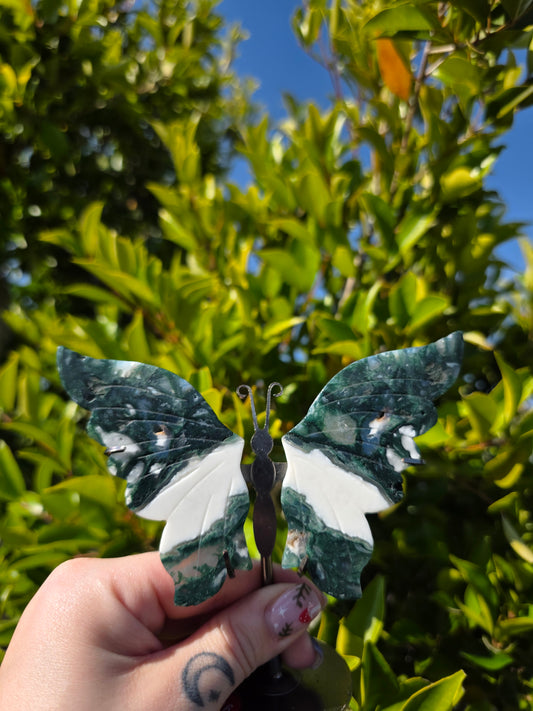 Moss Agate Butterfly Carving with stand
