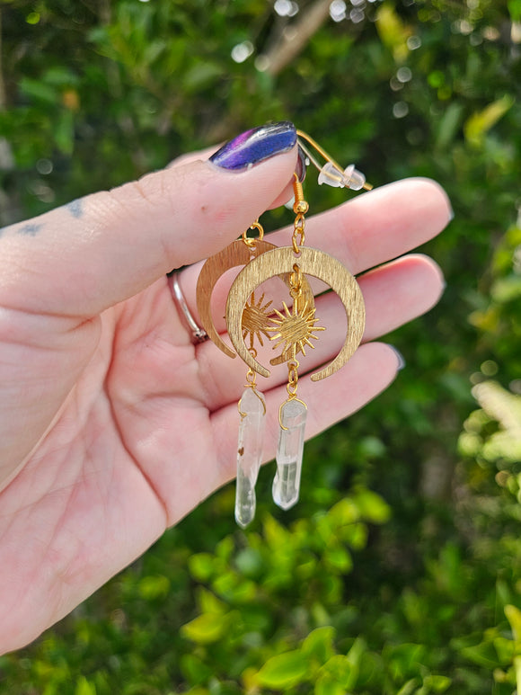 Clear Quartz Moon And Sun Earrings