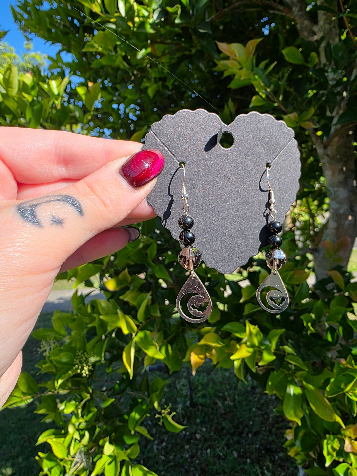 Handcrafted Smokey Quartz & Black Obsidian Bat Earrings